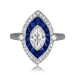 0.71 carat center marquise cut iamond with double halo of diamond and sapphire Hartland Ring 15571