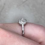 Side Finger View Three-Stone Diamond with Halo Platinum Ring f4 15733