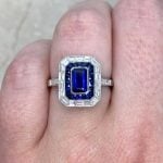 GIA-certified emerald cut 0.87 carat Burma no-heat sapphire with double halo f2 15891