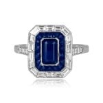 center 0.87 carat emerald cut sapphire stone with double halo Aldine Ring 15891