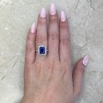 emerald cut no-heat sapphire stone with double halo Hand Picture f1 15892