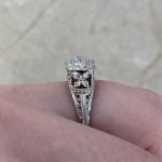 Platinum Three-Stone Filigree Ring Detail Side Finger View f4 15894