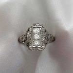 Three-stone old European cut diamond ring White Backdrop f5 15895
