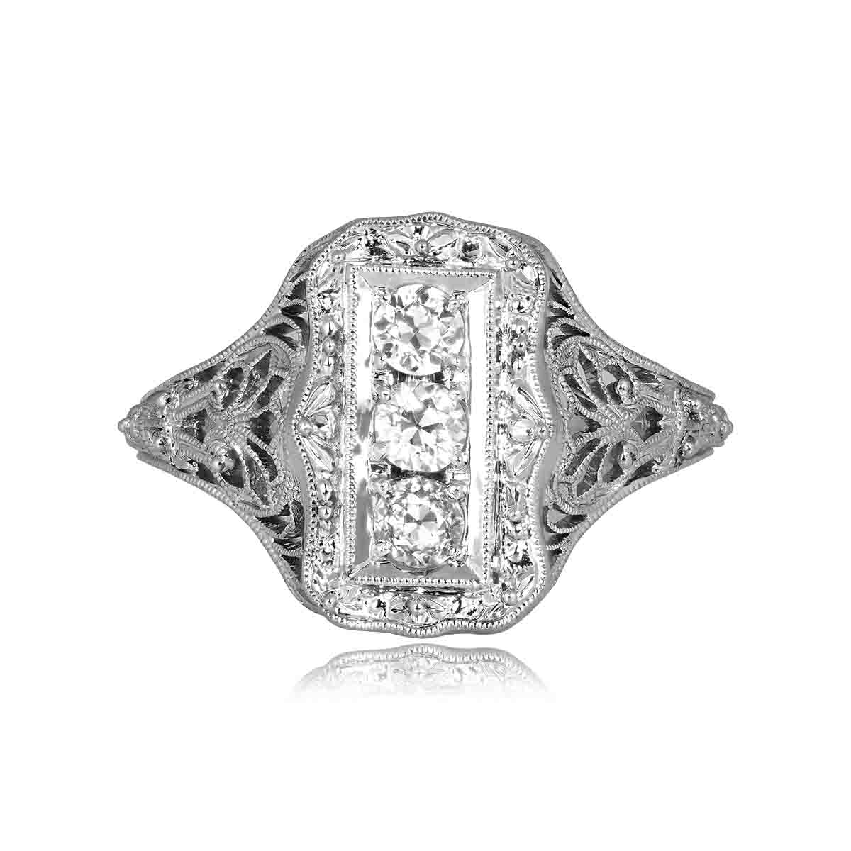 Stacked from 25 images. Method=C (S=1) 0.36 carat total three stone engagement ring with detailed filigree work Plainville Ring 15895
