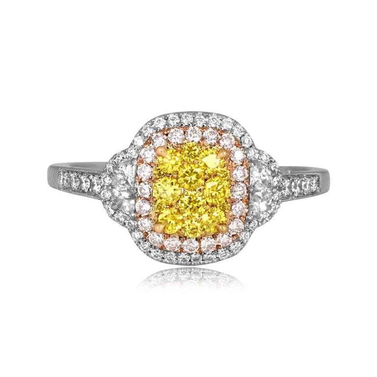Center Cluster Yellow Diamond Double Halo Aquasco Ring