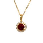 0.54 carat center ruby with diamond halo yellow gold Evington Necklace 15921