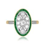 french ring with elongated diamond and emerald design platinum on yellow gold Canalou Ring 15936