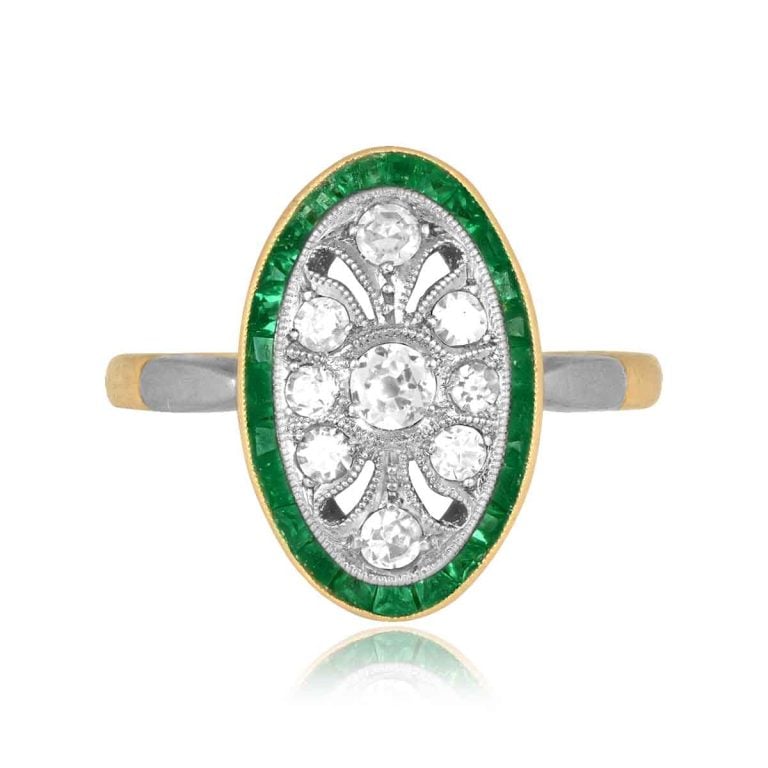 Edwardian French Diamond and Emerald Canalou Ring, Circa 1910
