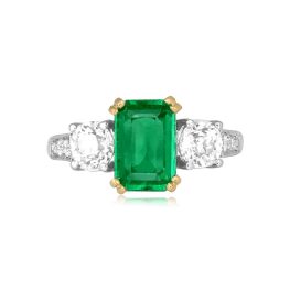 center 1.07 carat emerald with old European cut diamond Farwell Ring 15978