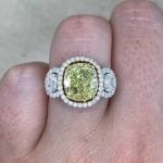 Prong-Set Cushion-Cut Fancy Yellow Diamond Ring Finger f2 EVER101