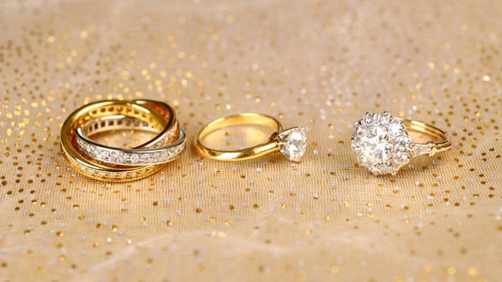 Engagement Ring and Wedding Bands in Different Color Gold