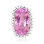 29.29 carat kunzite center stone with diamond halo around Parmele Ring ROC101