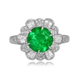 2.30 carat emerald center stone with a floral design of mixed shape diamonds Elloree Ring ROV102