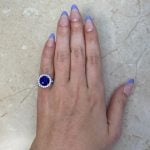Sapphire with Diamond Halo engagement Ring Hand Picture ROC103