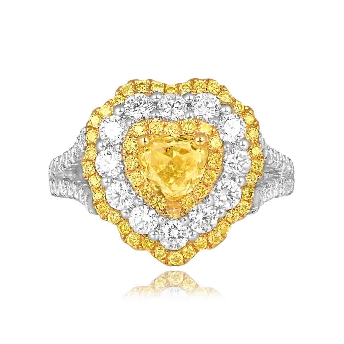 Stacked from 18 images. Method=C (S=1) 0.90 carat yellow heart shape diamond with three diamond halos Gretna Ring ROM31