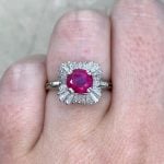 Front Finger View Prong-Set Ruby and Diamond Mohnton Ring f2 SBCS575