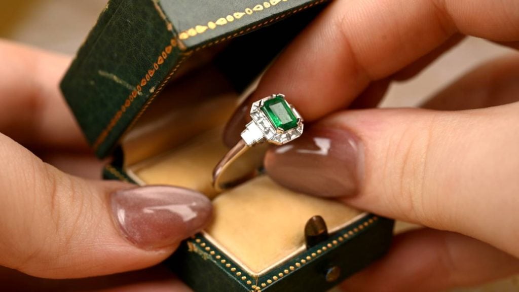 White Gold Emerald Halo Diamond Ring in Box