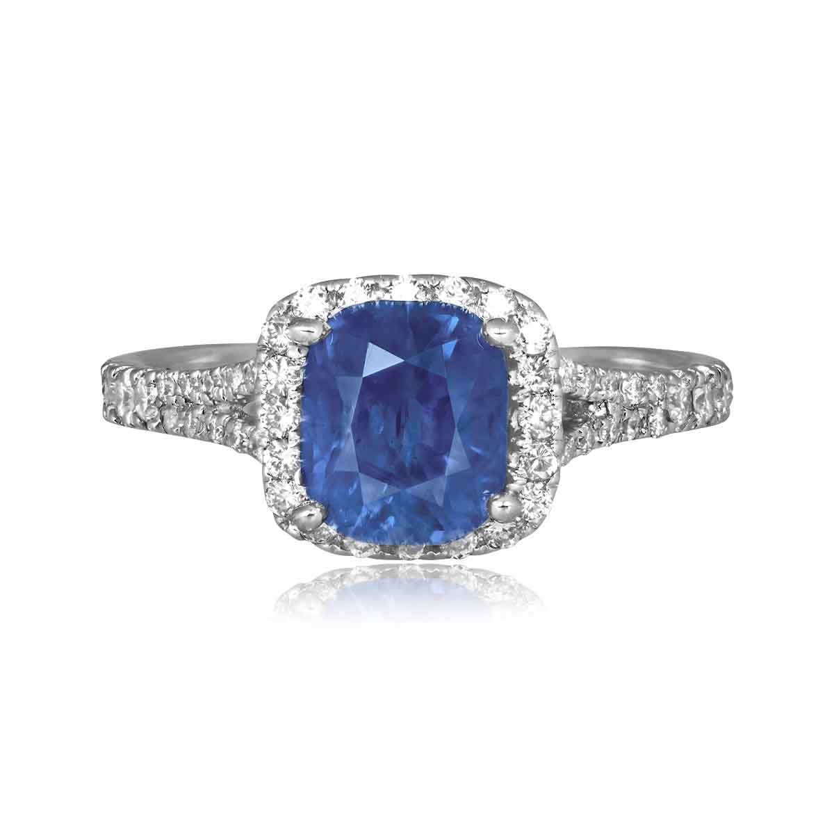 Stacked from 38 images. Method=C (S=1) centr cushion cut Kashmir sapphire 2.30 carats with diamond halo Maddox Ring HER4265