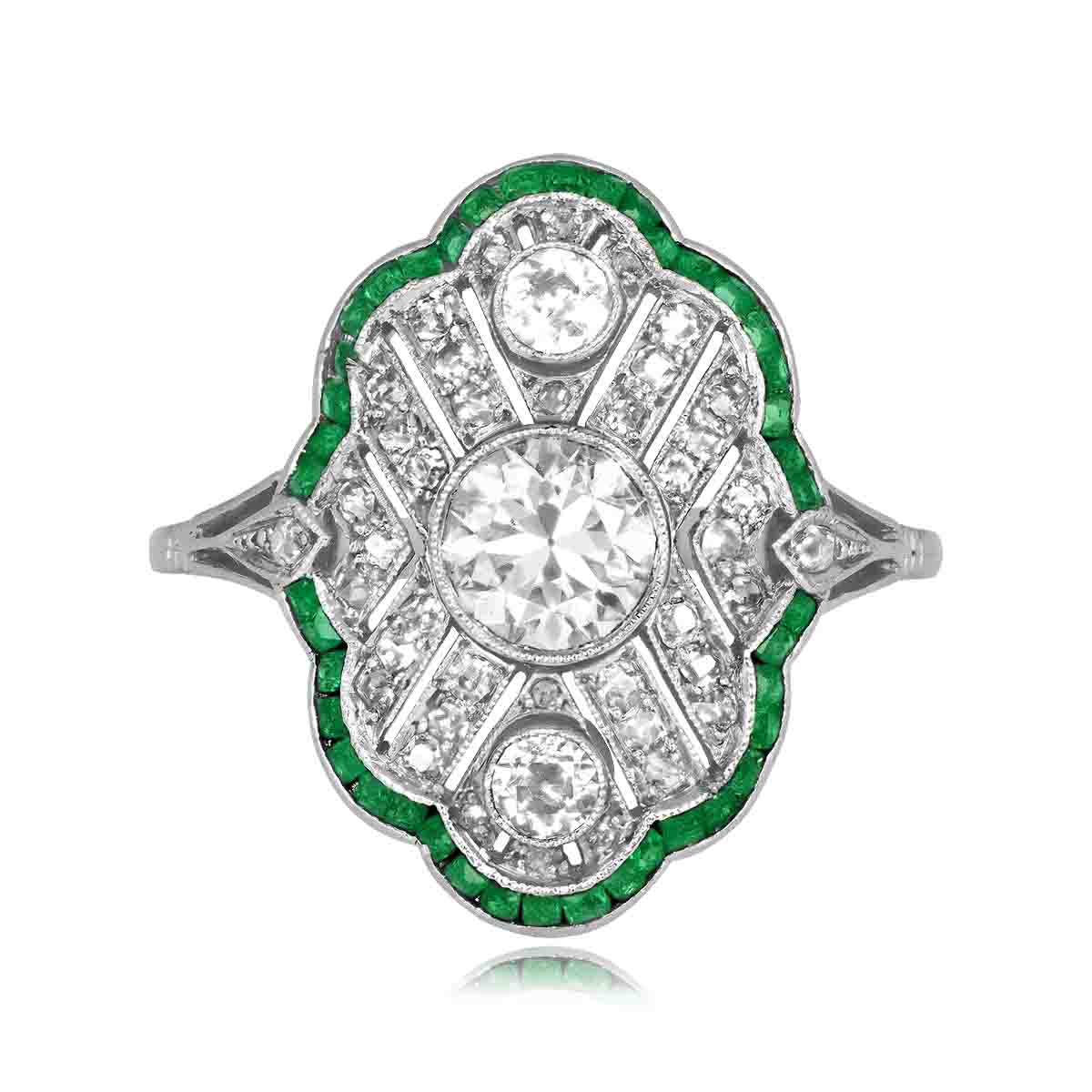 Stacked from 16 images. Method=C (S=1) edwardian era ring with diamond and emerald filigree 0.59 carat center diamond Davis Ring 15798