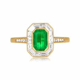 0.81 carat center emerald cut emerald stone with diamond halo yellow gold Abell Ring 15915