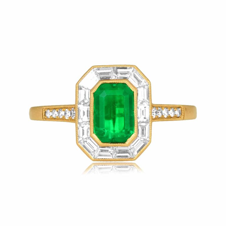 Emerald and Diamond Halo Yellow Gold Abell Ring