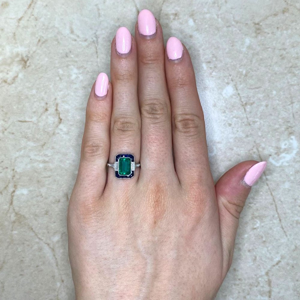 1.89ct Emerald Cut Emerald and Sapphire Halo Monsey Ring - EDJ