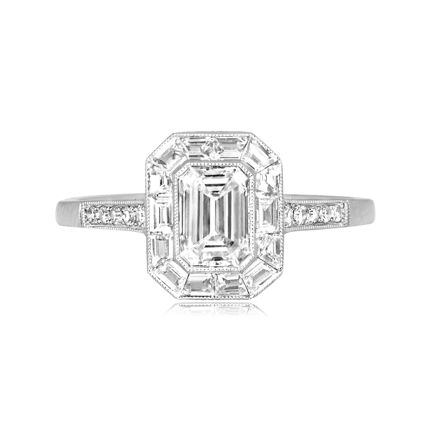 Stacked from 31 images. Method=C (S=1) 0.80 carat center emerald cut diamond with diamond baguette halo Tillson Ring 15955 TV
