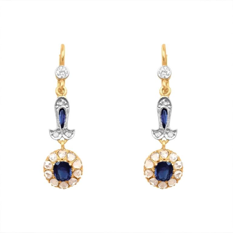 Edwardian Diamond and Sapphire Fairlie Earrings, Circa 1910