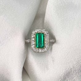 Emerald and Diamond Halo Platinum Ring 15977