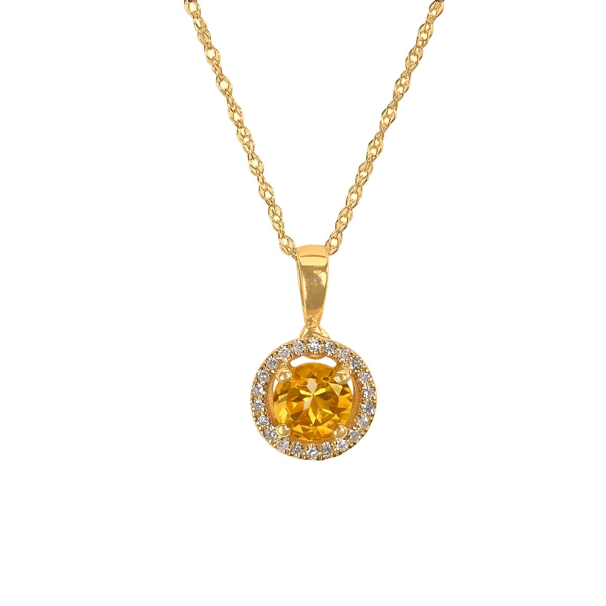 Stacked from 3 images. Method=C (S=1) 0.54 carat citrine stone with diamond halo yellow gold pendant Matlock Necklace 16006