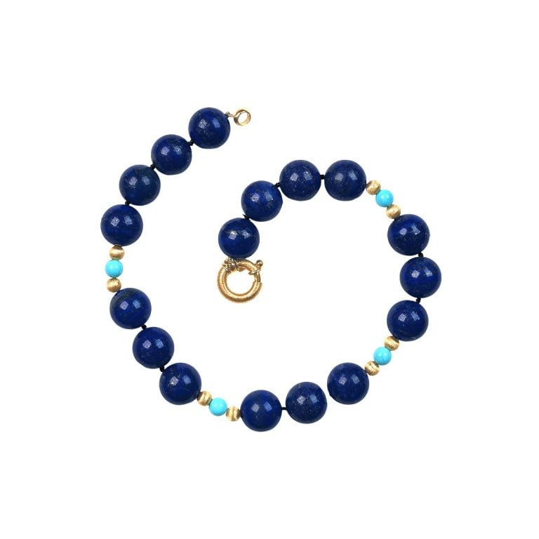Vintage Lapis and Turquoise Beaded Wayside Necklace, Circa 1970