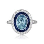 1.27 carat center aquamarine stone double halo of sapphire and diamonds Hartley Ring 15598