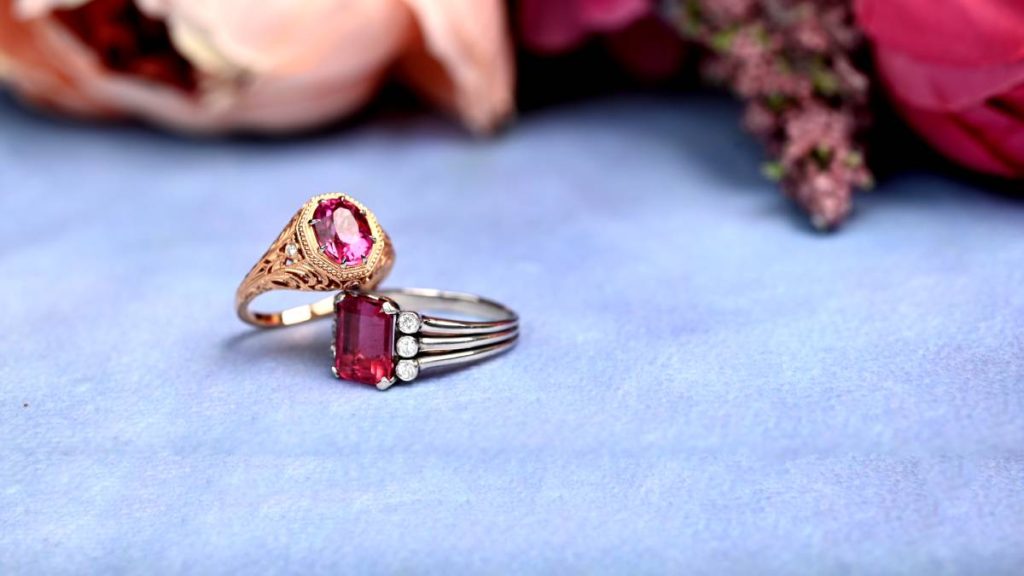 2 Tourmaline Cocktail Rings on cloth artistic