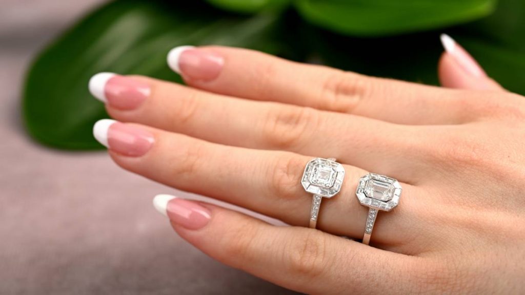 Asscher and Emerald Cut Rings on Model Finger