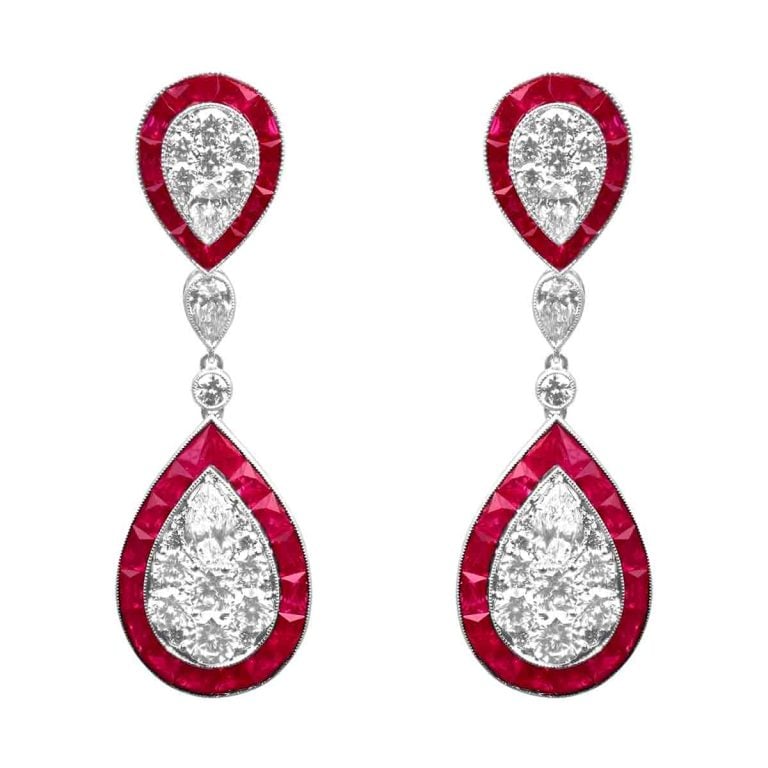 Ruby and Diamond Drop Partoun Earrings