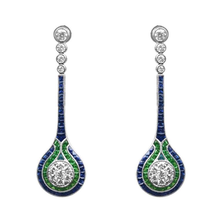 Elongated Sapphire, Tsavorite and Diamond Holborn Earrings