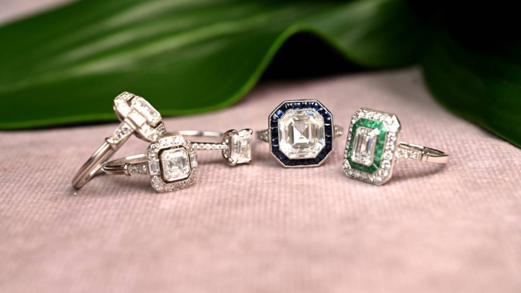 Emerald and Asscher cut diamond engagement rings