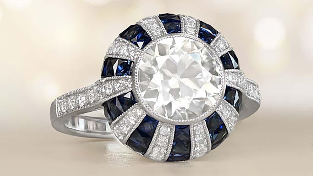 old european cut diamond ring in platinum with sapphire accents