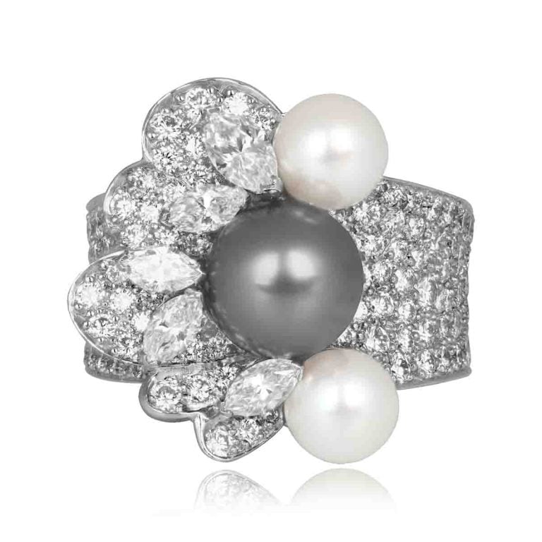 French Van Cleef & Arpels Floral Pearl and Diamond Ring