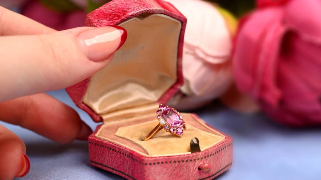 Tourmaline Ring in Box with Flowers and Model