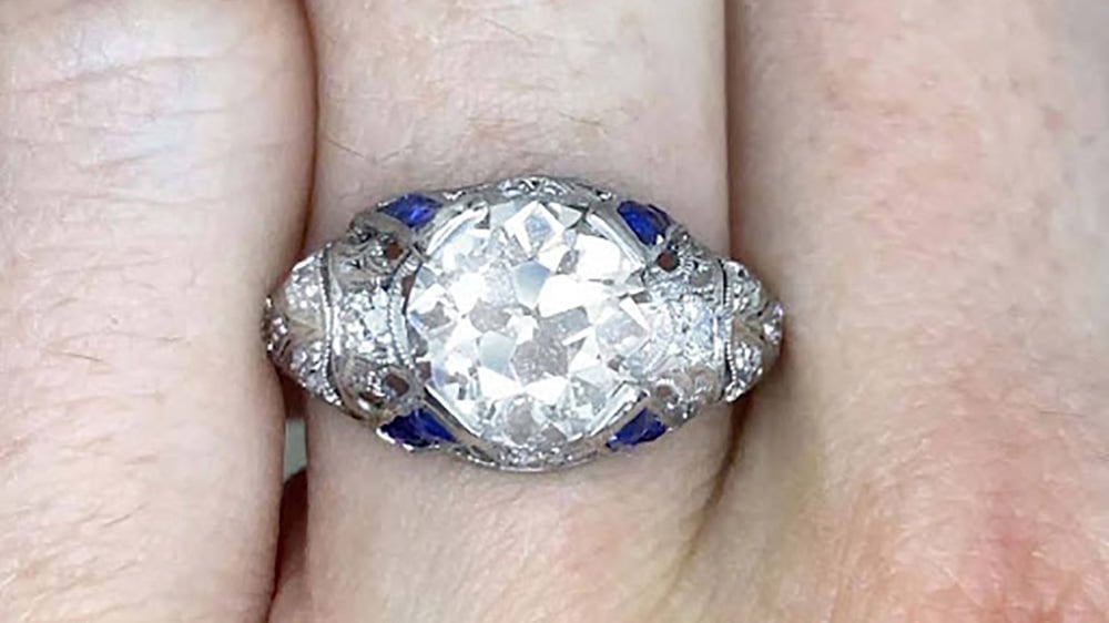 Art Deco old European cut diamond ring with sapphire accents and wide band