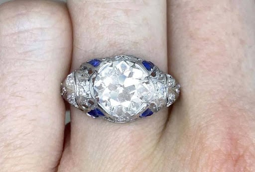 Art Deco old European cut diamond ring with sapphire accents and wide band