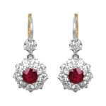 center ruby stones with diamond clusters platinum and yellow gold Leadore Earrings 16034