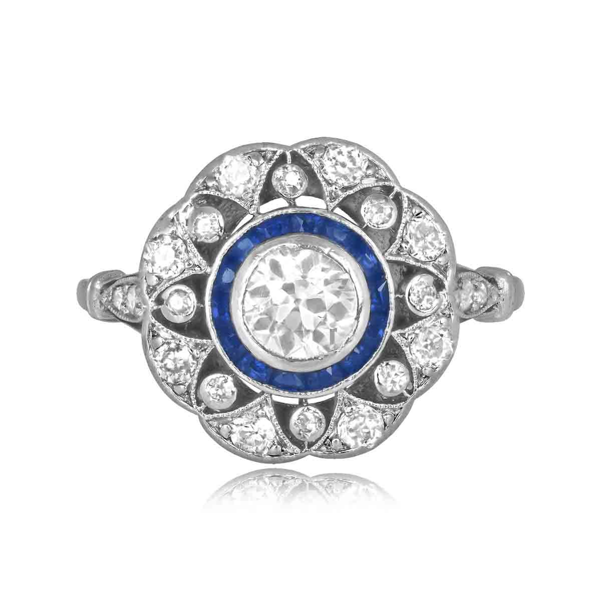 Stacked from 23 images. Method=C (S=1) center old european cut diamond with sapphire halo and floral openwork design Ririe Ring 16041