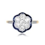 diamond cluster with floral sapphire halo platinum on gold ring Rigby Ring 16040