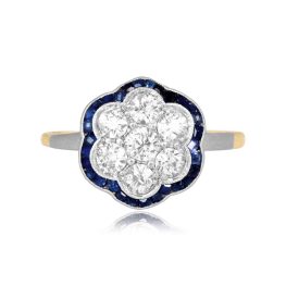 diamond cluster with floral sapphire halo platinum on gold ring Rigby Ring 16040