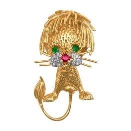 vintage Italian whimsical cat brooch with emerald and ruby stones Andale Brooch AL111