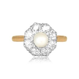 natural saltwater pearl center stone with cluster of diamonds Waldron Ring LV2529
