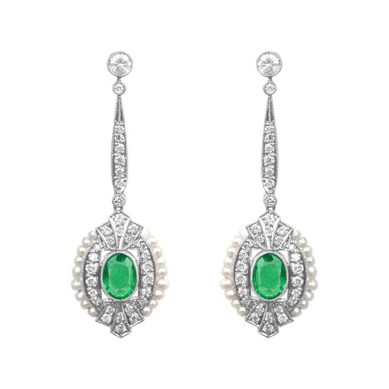 Emerald Pearl and Diamond Eldred Earrings