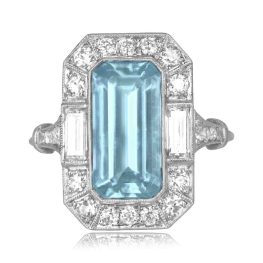 3.51 carat emerald cut aquamarine center stone with mix shape diamond halo Ventana Ring OCT2515